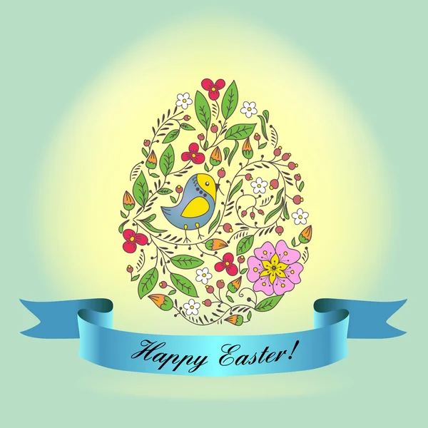 Un huevo con cinta azul Adorno con pájaros, flores, capullos, ramas Felicitaciones con Pascua Se puede utilizar como postal Felicitaciones con Pascua — Archivo Imágenes Vectoriales