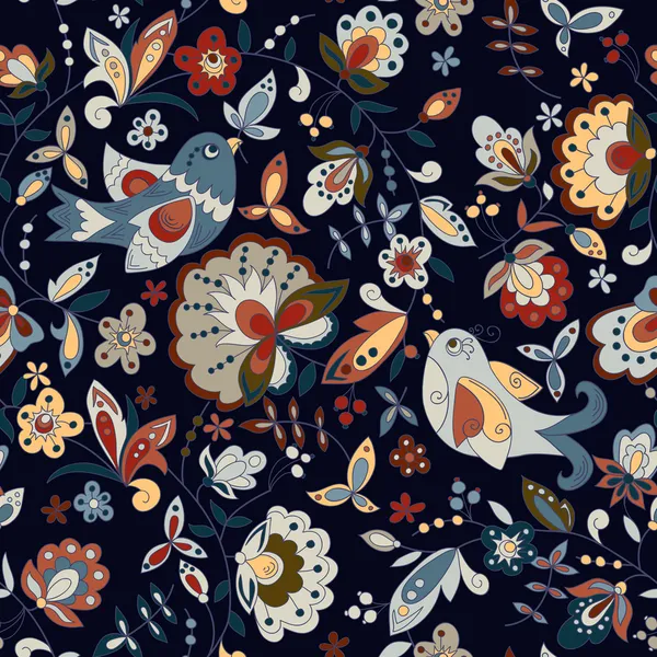 Seamless texture with birds and flowers on a dark background Can be used as a background picture, pattern fill, surface texture. Can be used as a figure for tissue — Stock Vector