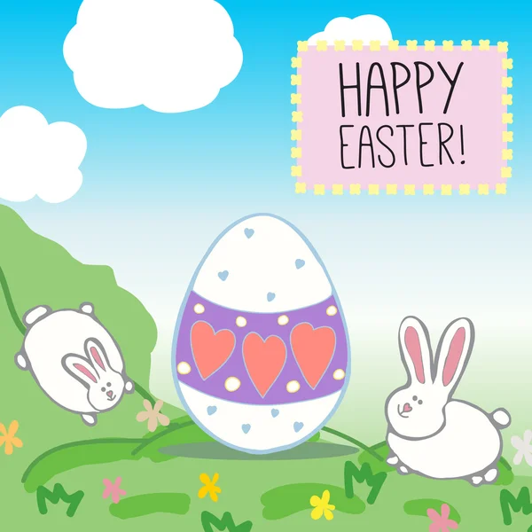 Ilustração ou um cartão postal com coelhos e ovo decorativo —  Vetores de Stock