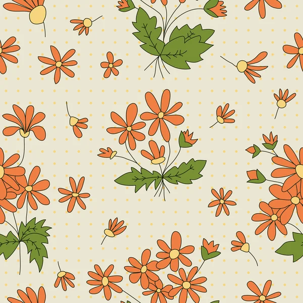 Seamless texture with pictures of flowers. Beige, orange flowers, green leaves. — Stock Vector