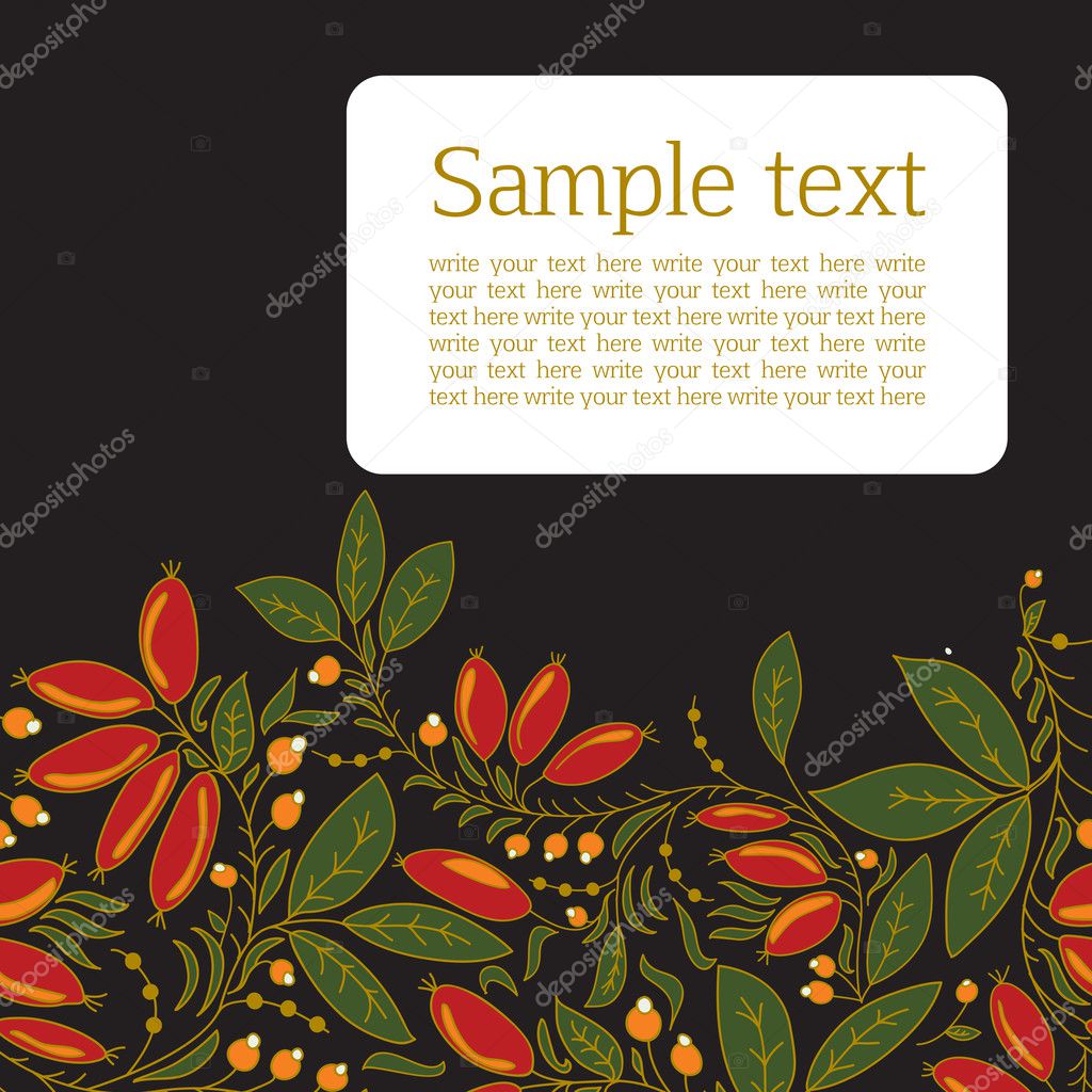 Card with the image of barberry. Space for text. Dark background. Red berries, green leaves.