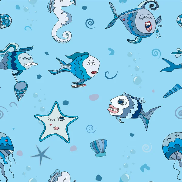 Nahtlose Textur mit abstrakten Fischen und Meereswelt. Fische singen und lächeln — Stockvektor