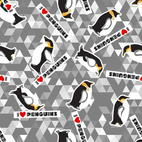 Seamless texture with penguins and a triangular design. Gray background — Stock Vector