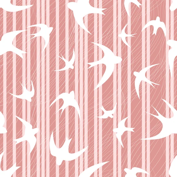 White silhouettes of swallow on striped pink background Seamless pattern — Stock Vector