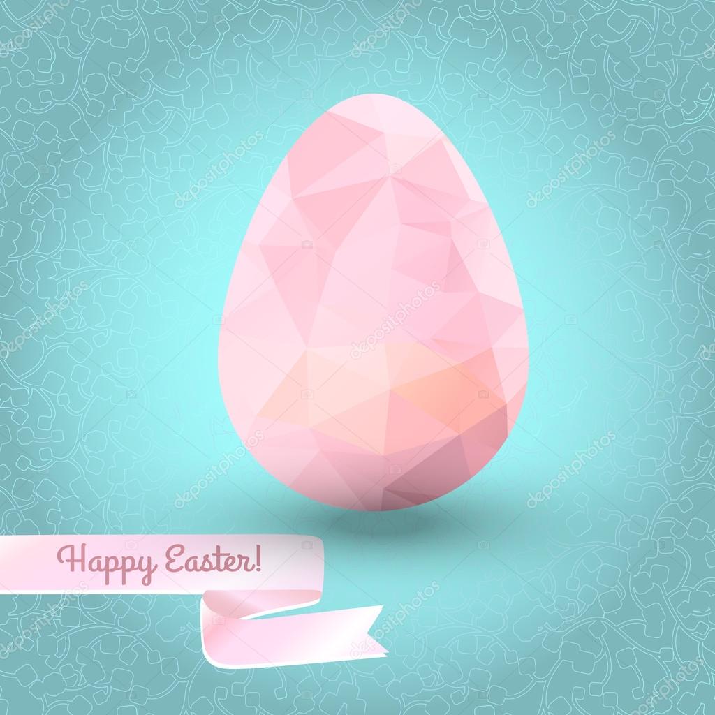 Vector eggs made of pink triangles. Easter egg in geometry minimalist design with place for your text. Easter pattern design greeting cards. Floral pattern on a blue background.