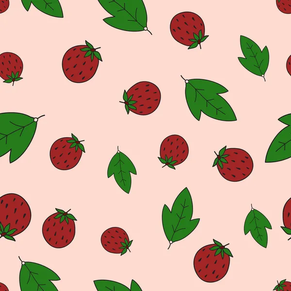 Nahtloser Hintergrund mit Erdbeere und Blättern — Stockvektor