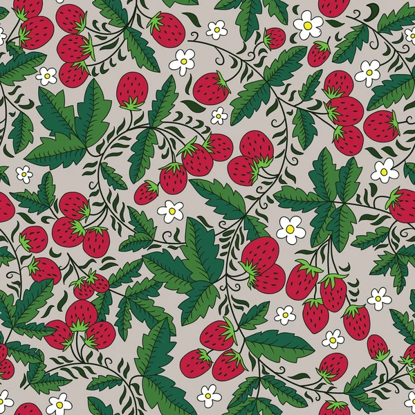 无缝的草莓和树叶 — 图库矢量图片