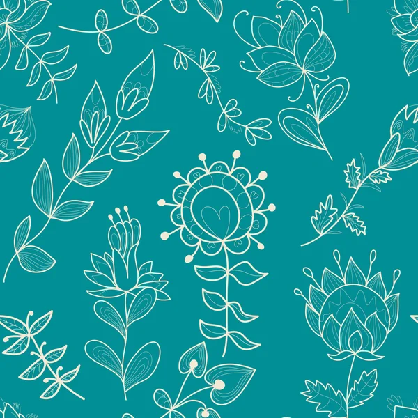 Textura turquesa sin costuras con flor de contorno — Vector de stock