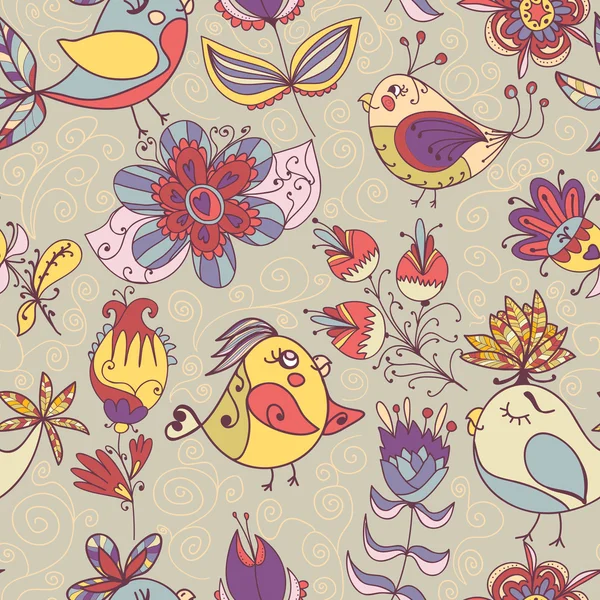 用鲜花和鸟的无缝纹理 — 图库矢量图片