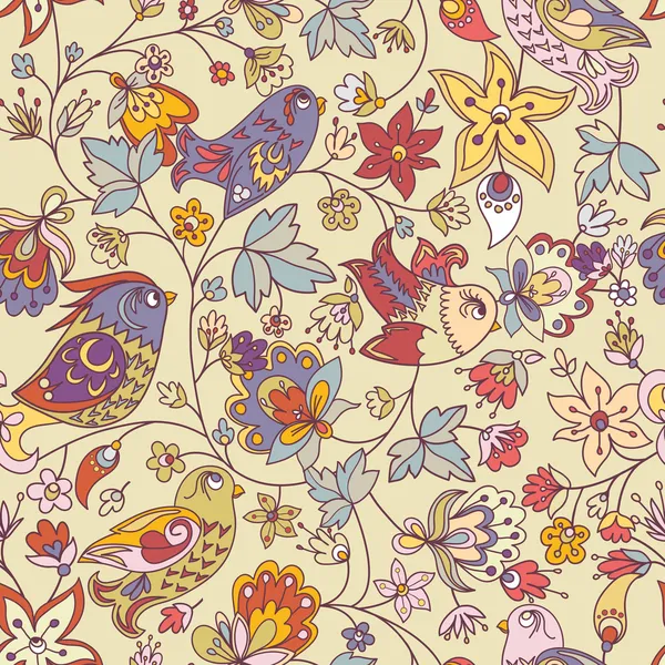 Texture sans couture avec fleurs et oiseaux — Image vectorielle