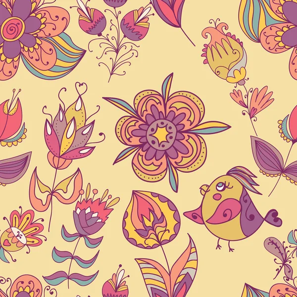 Textura perfecta con flores y pájaros — Vector de stock