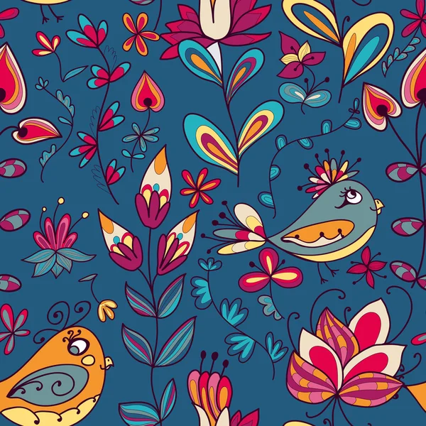 Бесшовная текстура с цветами и птицами — стоковый вектор