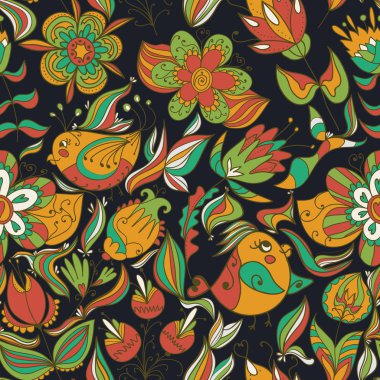 kuşlar ile karanlık çiçek desenli