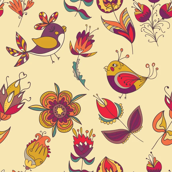 鳥とのシームレスな花柄 — ストックベクタ