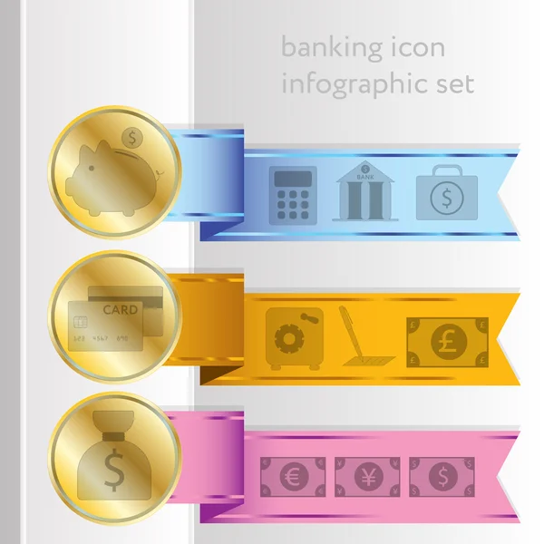 Banking pictogrammen, gekleurde infographic linten — Stockvector