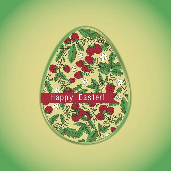 Easter egg  with strawberry, green greeting card — Stock Vector