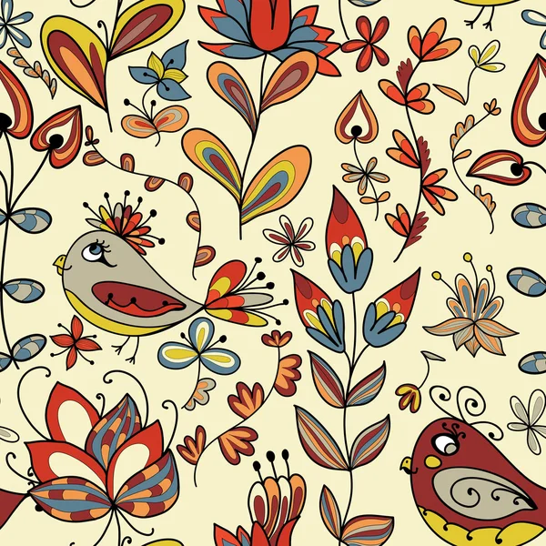 Texture sans couture avec fleurs et oiseaux — Image vectorielle