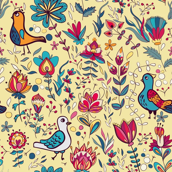 Seamless floral pattern with birds and flowers — Stock Vector