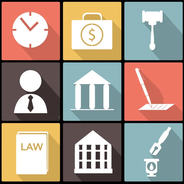 Prawnych, zestaw ikon prawa i sprawiedliwości w Płaska konstrukcja — Wektor stockowy