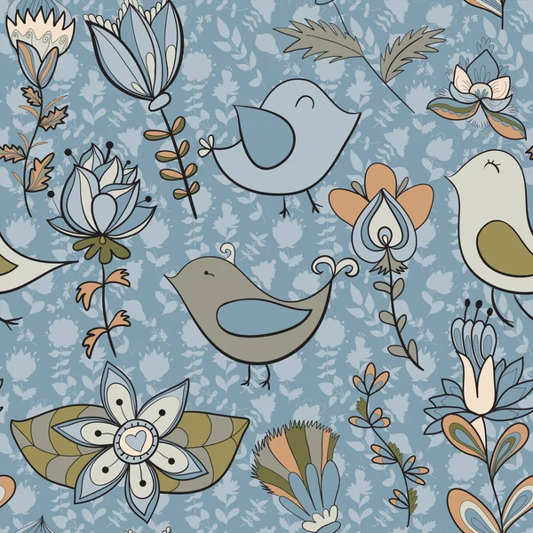 Naadloze textuur met bloemen en vogels — Stockvector