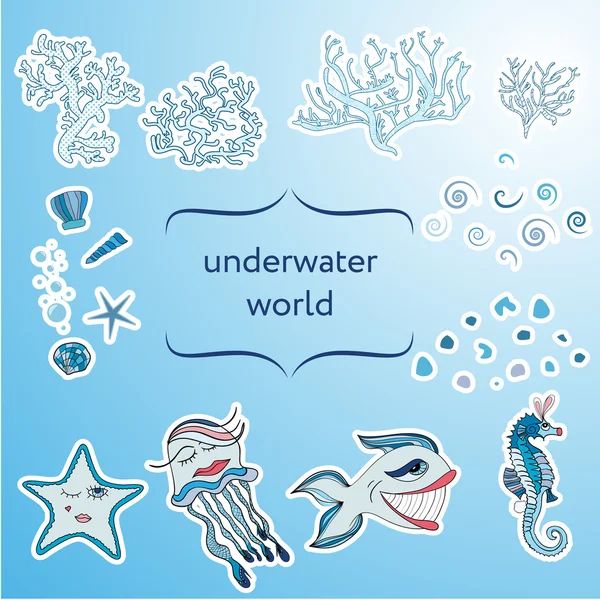 Underwater sea world stickers — Stock Vector
