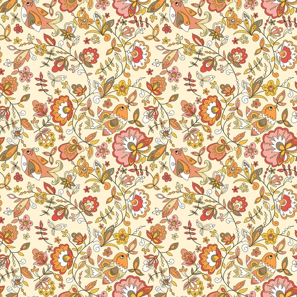 Texture sans couture avec fleurs et oiseaux — Image vectorielle