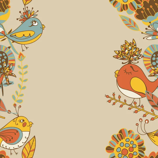 Borde con flores y pájaros abstractos dibujados a mano — Vector de stock
