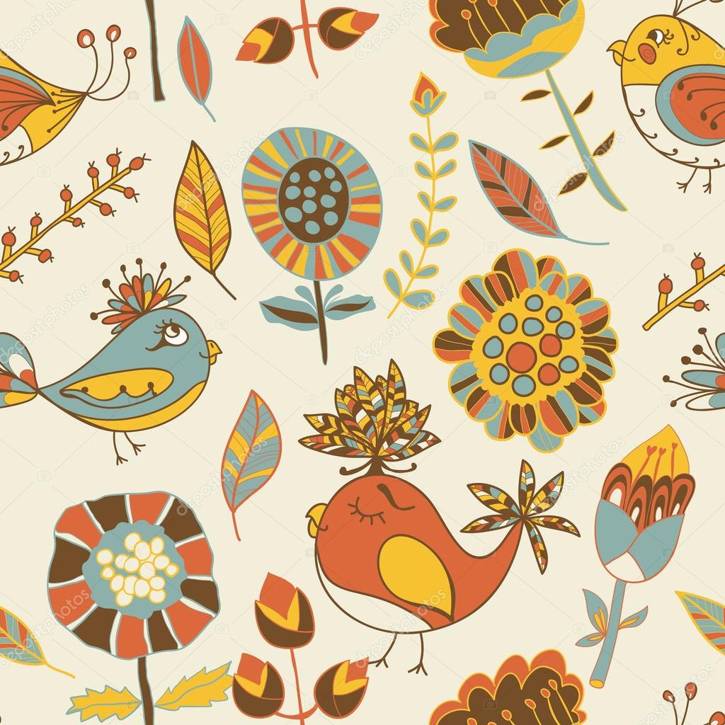 Seamless texture with flowers and birds