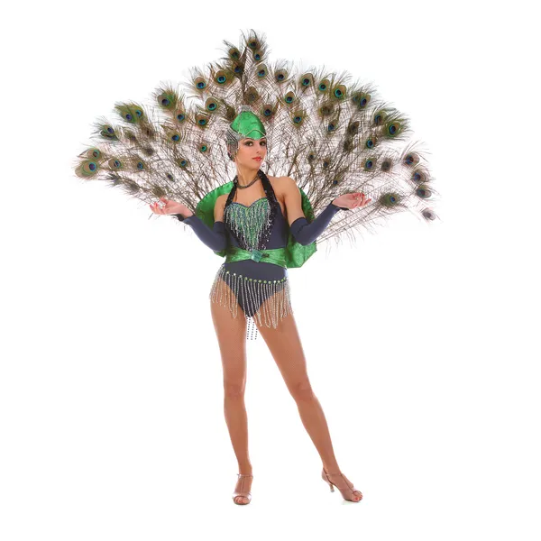 Παρωδίακο χορευτής με φτερά παγωνιού και πράσινο φόρεμα — Φωτογραφία Αρχείου