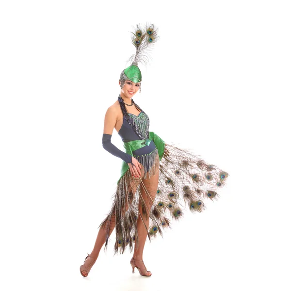 Burlesque dancer with peacock feathers and green dress — Stock Photo, Image