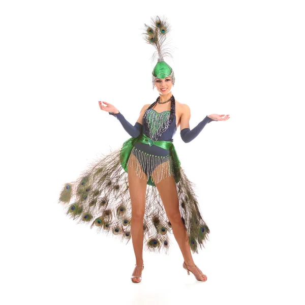 Burlesque dancer with peacock feathers and green dress — Stock Photo, Image