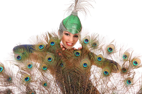 Burlesque dancer with peacock feathers and green dress — Stock Photo, Image