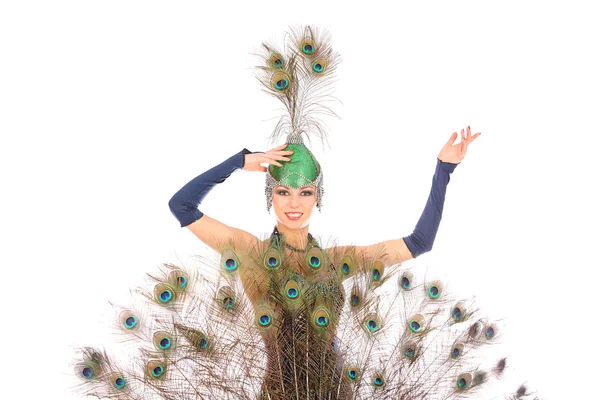 Burlesque dancer with peacock feathers and green dress — Stock Photo, Image