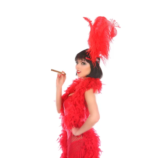 Dançarino burlesco com plumagem vermelha e vestido curto, isolado em branco — Fotografia de Stock