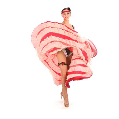 can-can, üzerinde beyaz izole kırmızı uzun elbise ile burlesque dansçı