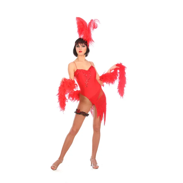 Burlesque dancer with red plumage and short dress, isolated on white — Stock Photo, Image