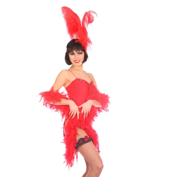Bailarina burlesca con plumaje rojo y vestido corto, aislada en blanco —  Fotos de Stock