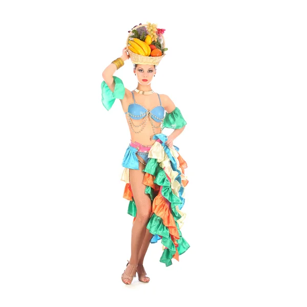 Burlesque dancer with rainbow dress and fruits hat, isolated on white — Stock Photo, Image