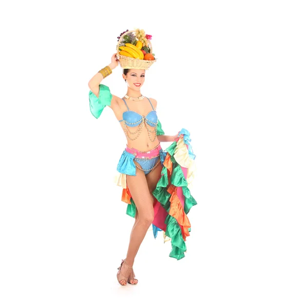 虹のドレスや果物の帽子、白で隔離されるバーレスク ダンサー — ストック写真