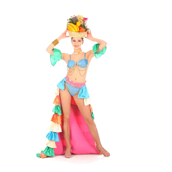 Bailarina burlesca con vestido de arcoíris y sombrero de frutas, aislada en blanco —  Fotos de Stock