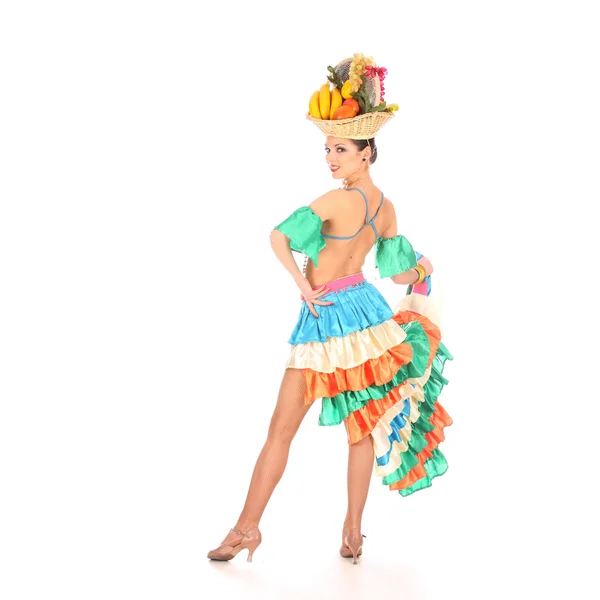 Bailarina burlesca con vestido de arcoíris y sombrero de frutas, aislada en blanco —  Fotos de Stock