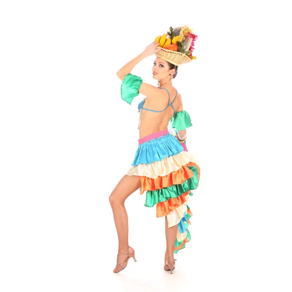 Burlesque dancer with rainbow dress and fruits hat, isolated on white — Stock Photo, Image