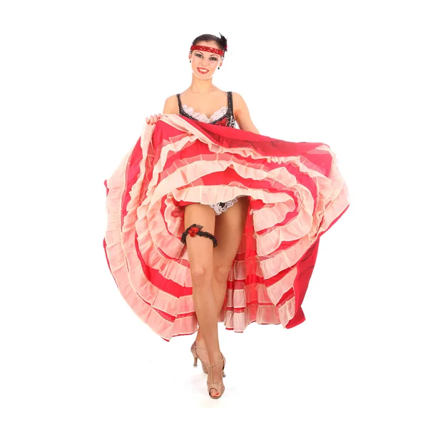 Burlesque dancer with red long dress for cancan, isolated on white