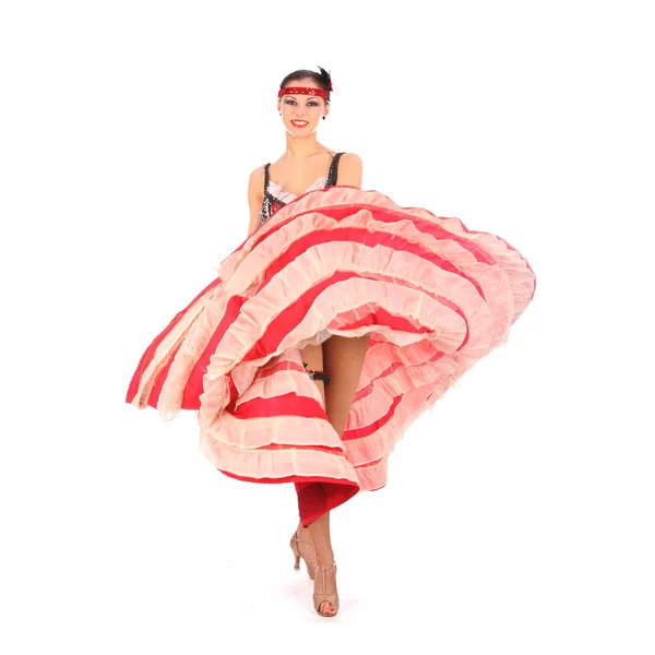 Burlesque dancer with red long dress for can-can, isolated on white — Stock Photo, Image