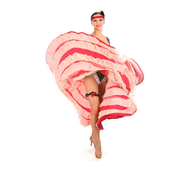 Dançarina burlesca com vestido longo vermelho para can-can, isolado em branco — Fotografia de Stock