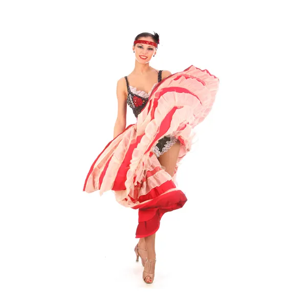 Ballerino burlesco con abito lungo rosso per lattina, isolato su bianco — Foto Stock