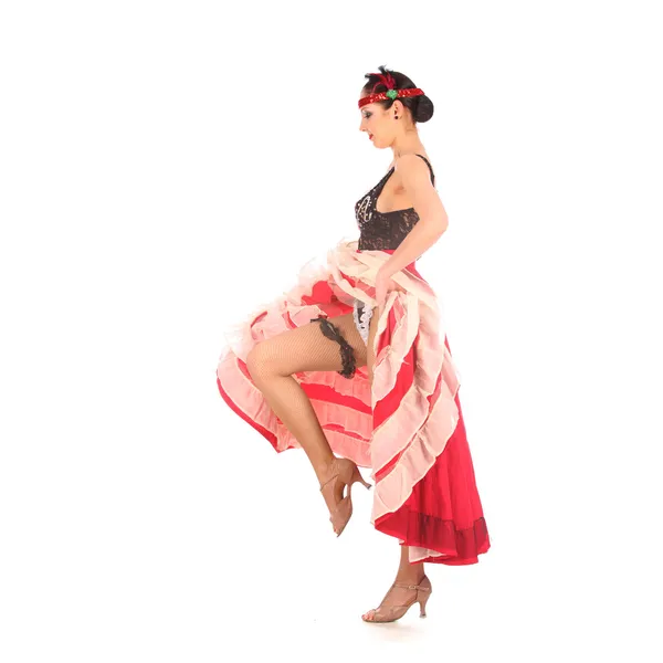 Burlesque dancer with red long dress for can-can, isolated on white — Stock Photo, Image