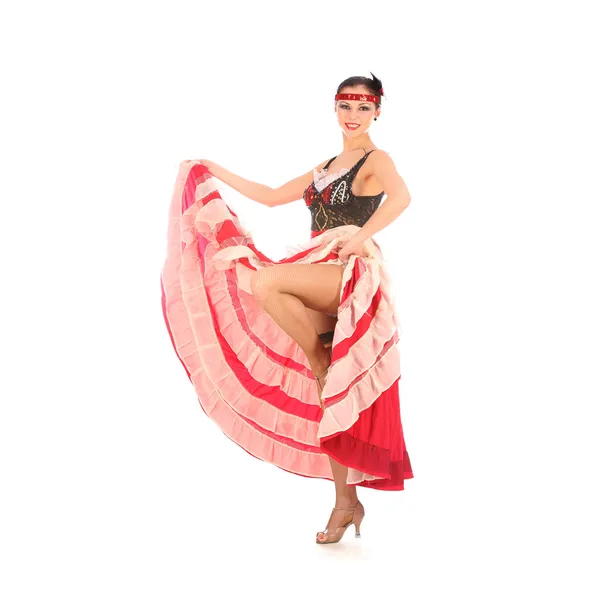 Burlesque dancer with red long dress for can-can, isolated on white — Stock Photo, Image