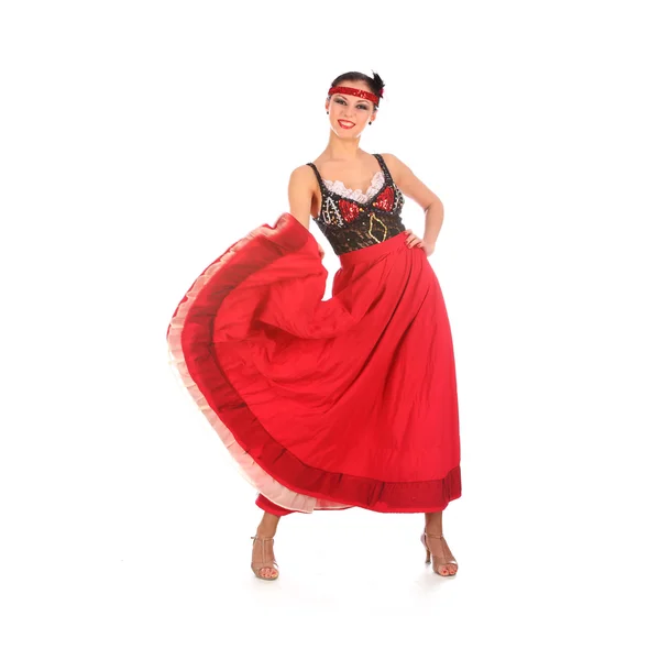 Burlesque dancer with red long dress for can-can, isolated on white — Stock Photo, Image