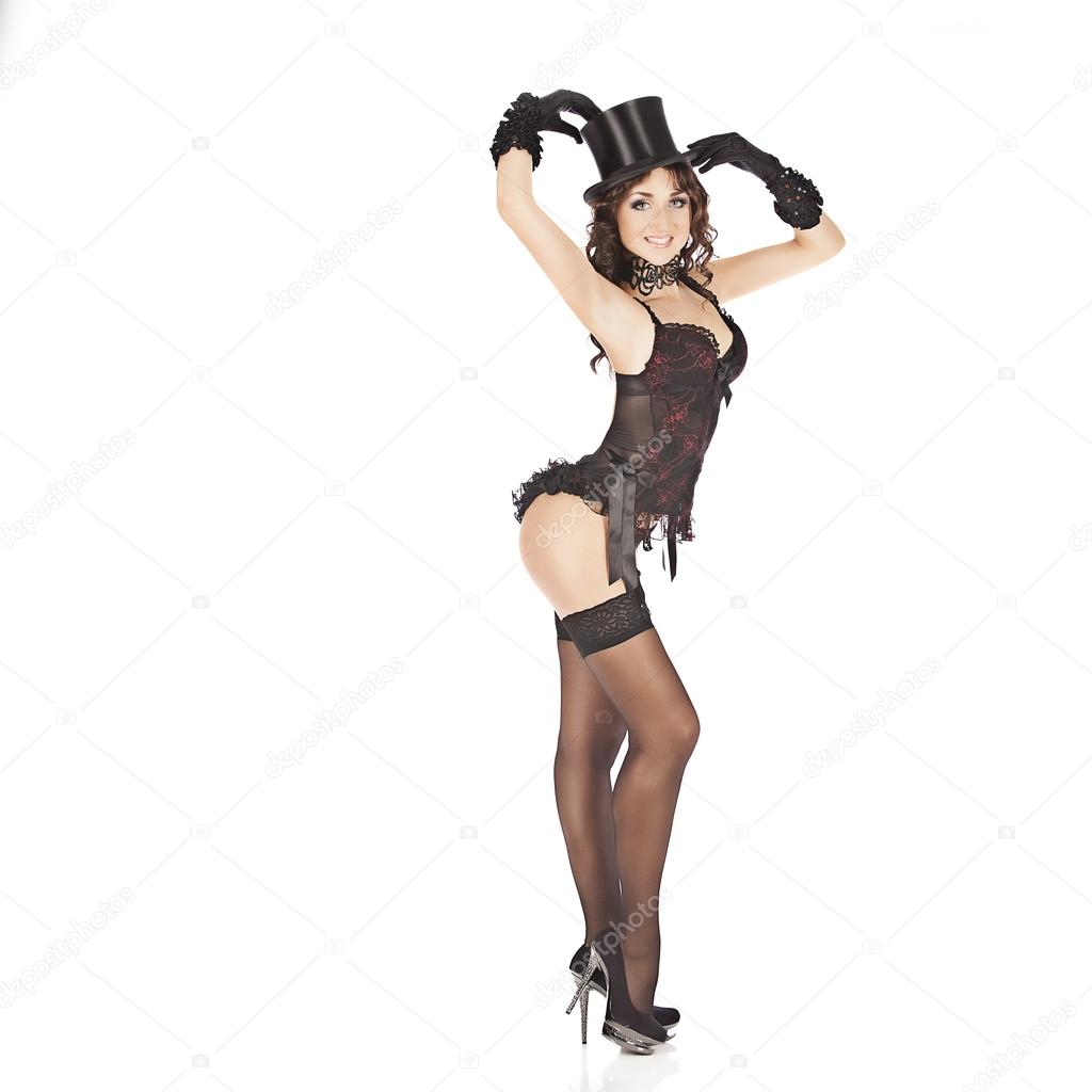 one sexy burlesque dancer woman stripper showgirl in studio